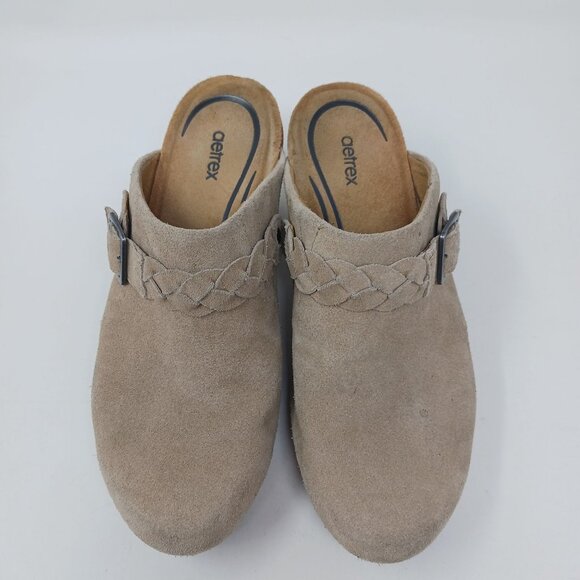 Aetrex COREY Suede Clogs 7.5-8 EU38 Tan Cork Boho Neutral Comfort Shoe Festival - Picture 7 of 16